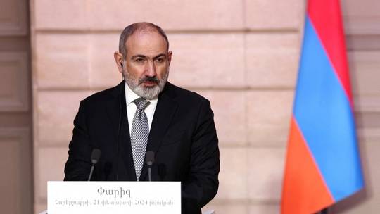 Armenian Prime Minister Nikol Pashinyan speaks at an event in Paris on February 21, 2024