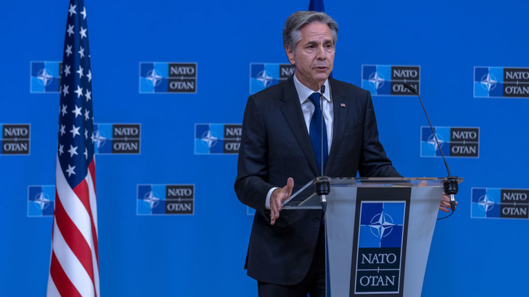 US Secretary of State Antony Blinken speaks at a NATO press briefing on Thursday in Brussels