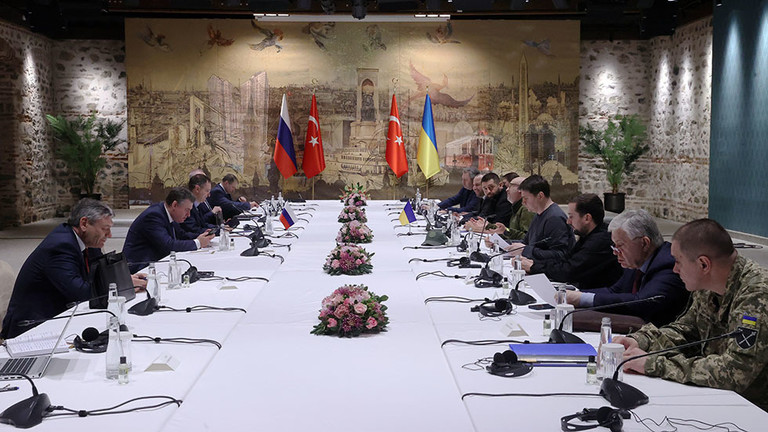 Participants sit at the table during the Russian-Ukrainian talks at the Dolmabahce Palace, in Istanbul, Türkiye
